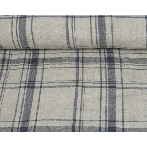 Linen natural and blue grey checks